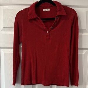 Madewell Red Collard Long Sleeve Rib Knit Vintage Look Shirt